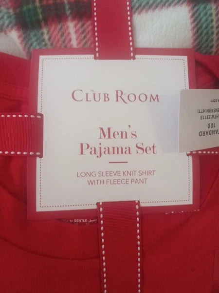 Club Room Men's Plaid Fleece Pajama Top Pants Set Red Plaid Large.        J1