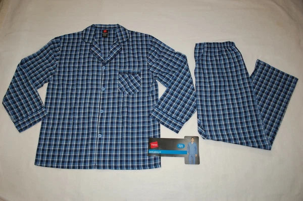 Mens L/S Pajama Set BLUE & NAVY CHECKER PLAID Button Up Shirt, Pants S M L XL 2X