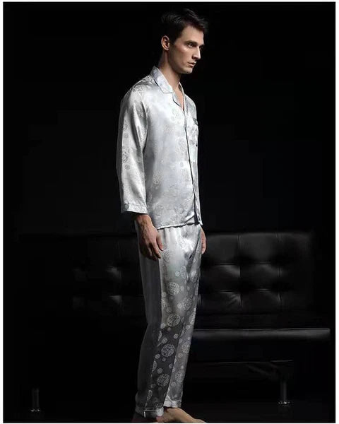 Men's 100% Mulberry Silk Pajamas Set Long Sleeves Silk Sleepwear S M L