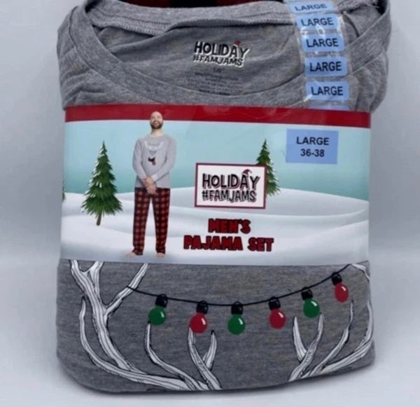 NWT mens L PAJAMAS Buffalo Plaid red Long Sleeve Shirt & Pant reindeer 2 piece