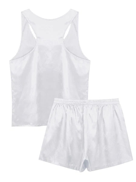 Mens Satin Pajamas Set Sleeveless Tank Top with Shorts Sleepwear Nightwear