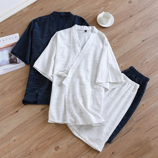 Japanese Pajamas Set Men Cotton Striped / Sleeve Kimono Top Shorts Sleepwear