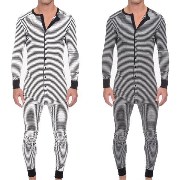Men Striped One piece Jumpsuits Nightwear 1onesie Pyjamas Long Sleeve Pajamas