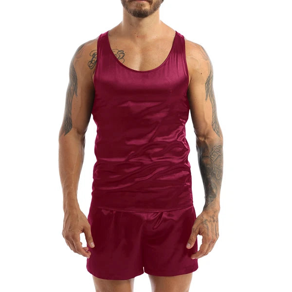 Mens Satin Pajamas Set Lounge Shorts Tank Top Silk Shirt Sleepwear Nightwear