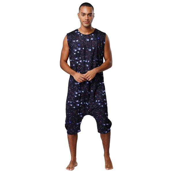Men's Loose Romper Pajamas Jumpsuit Sleepwear Zipper Crotch One Piece Bodysuit