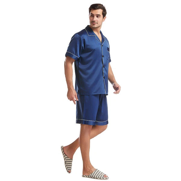 Mens Satin Pajamas Set Short Sleeves Button Down Shirt with Shorts Sleepwear Pjs