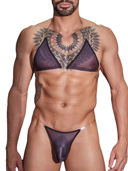 Man Nightwear See Through Set Gay Crossdress Transparent Lingerie Silky Satin