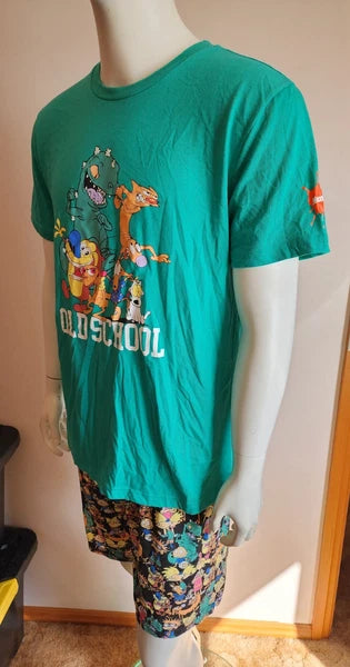Nickelodeon Mens Old School 90s Cartoons Printed 2 Piece Pyjama Set Size L New