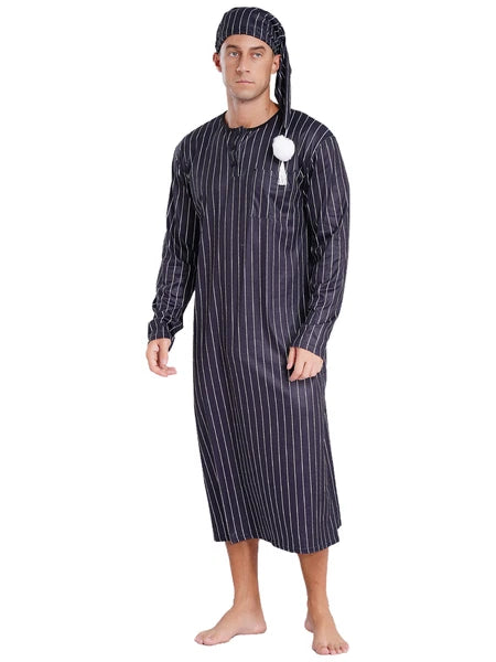 Men's Sissy Nightwear Loose Striped Robe Long Sleeve Nightshirt Cap Pajama Sets