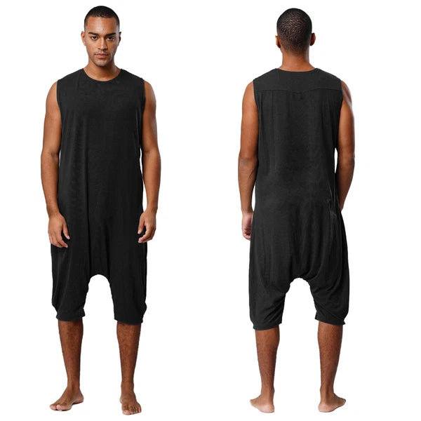 Men's Loose Romper Pajamas Jumpsuit Sleepwear Zipper Crotch One Piece Bodysuit