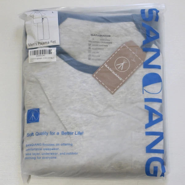 Lightweight Cotton Spandex Stretchy Long PJ Set Blue Gray Large Men's