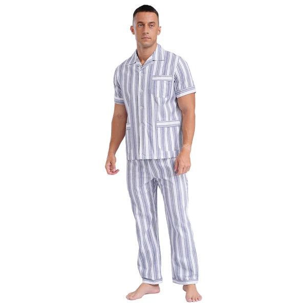 Mens Pajama Set Button Down Sleepwear Shirt Homewear Striped Nightgown Pockets