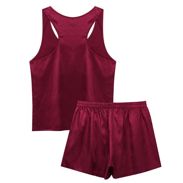 Mens Satin Pajamas Set Lounge Shorts Tank Top Silk Shirt Sleepwear Nightwear