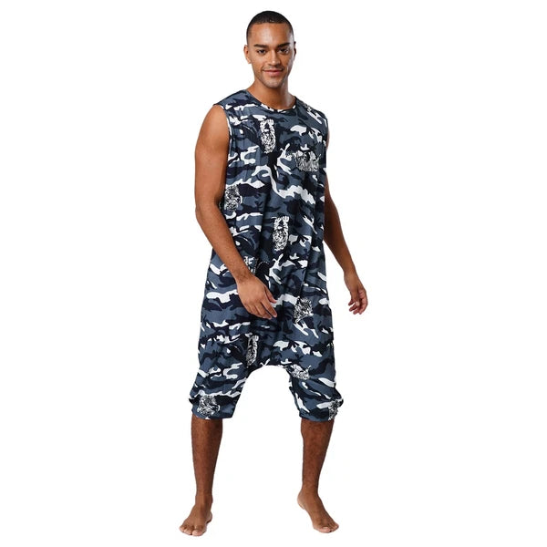 Men's Loose Romper Pajamas Jumpsuit Sleepwear Zipper Crotch One Piece Bodysuit