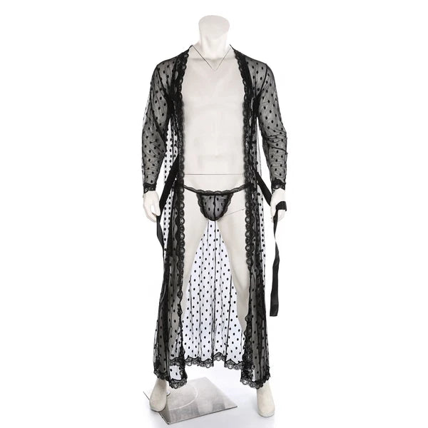 Men Lace Robe Gown Bathrobe Sissy Nightwear See Through Underwear Pajamas