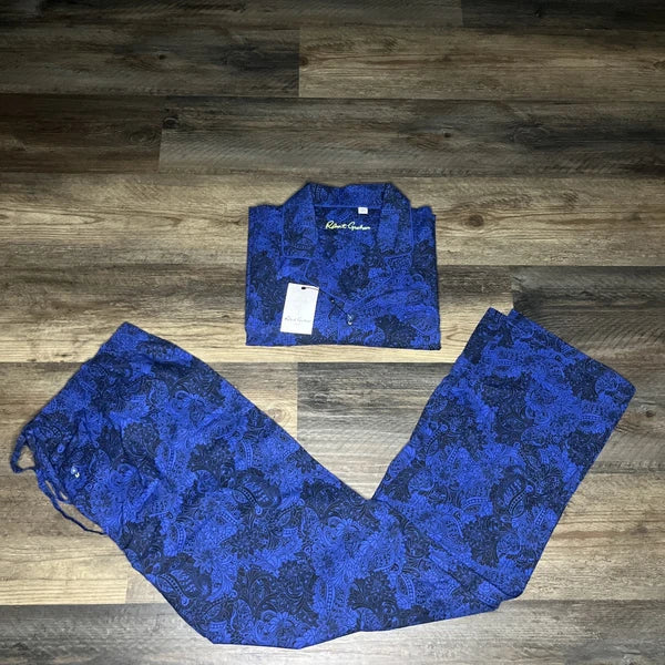 NWT Robert Graham Men's Loungewear Pajama 2Pc Blue Black Floral Paisley 2XL