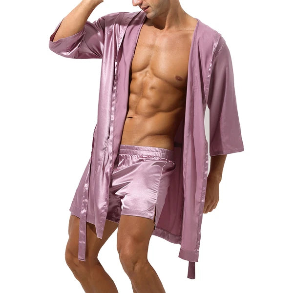 Mens Robes Silky Satin Hooded Bathrobe Luxurious Pyjama Set Nightgowns Sleepwear