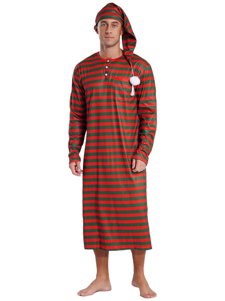 Men's Nightshirt Striped Loose Sleepwear Night Pajama Set Robe with Sleeping Cap