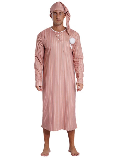 Men's Sissy Nightwear Loose Striped Robe Long Sleeve Nightshirt Cap Pajama Sets