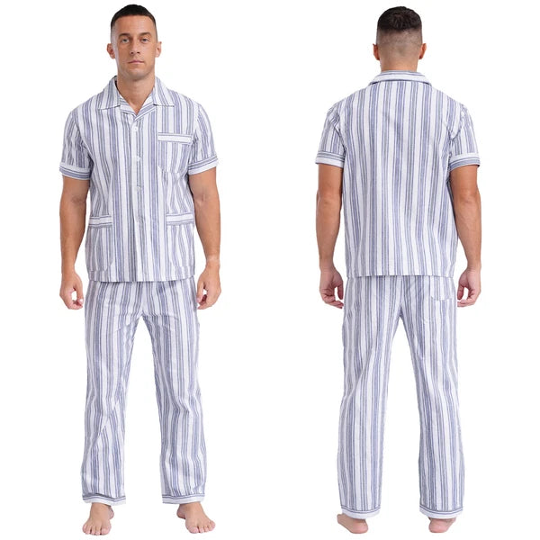 Mens Pajama Set Button Down Sleepwear Shirt Homewear Striped Nightgown Pockets