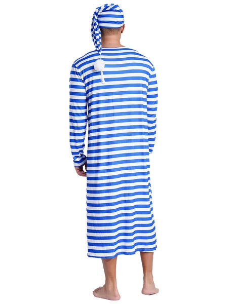 Men's Nightshirt Striped Loose Sleepwear Night Pajama Set Robe with Sleeping Cap