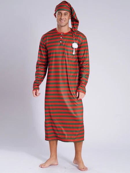 Men's Nightshirt Striped Loose Sleepwear Night Pajama Set Robe with Sleeping Cap