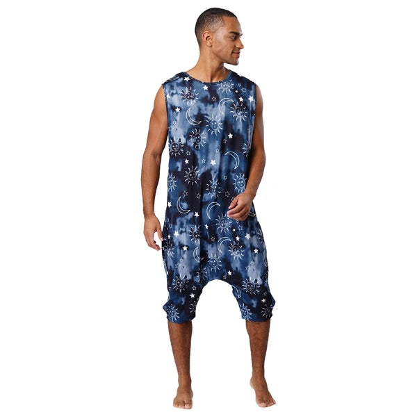 Men's Loose Romper Pajamas Jumpsuit Sleepwear Zipper Crotch One Piece Bodysuit