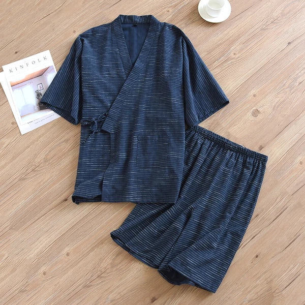 Japanese Pajamas Set Men Cotton Striped / Sleeve Kimono Top Shorts Sleepwear