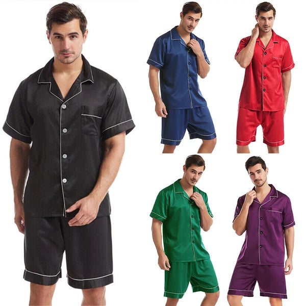 Mens Satin Pajamas Set Short Sleeves Button Down Shirt with Shorts Sleepwear Pjs
