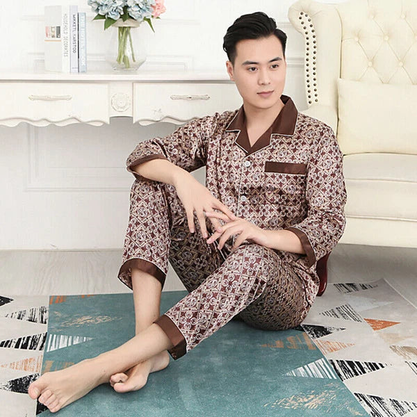 Men Silk Satin Pajamas Set Pyjamas Luxury Set Long Sleeve Sleepwear Loungewear*n