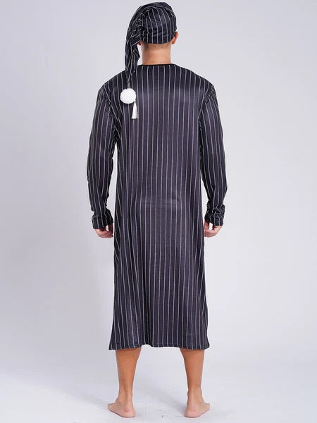 Men's Sissy Nightwear Loose Striped Robe Long Sleeve Nightshirt Cap Pajama Sets