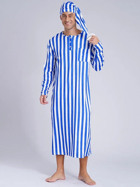 Men's Sissy Nightwear Loose Striped Robe Long Sleeve Nightshirt Cap Pajama Sets