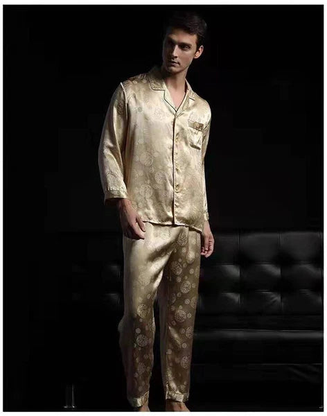 Men's 100% Mulberry Silk Pajamas Set Long Sleeves Silk Sleepwear S M L
