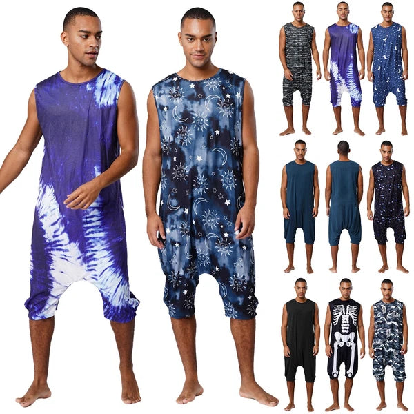 Men's Loose Romper Pajamas Jumpsuit Sleepwear Zipper Crotch One Piece Bodysuit