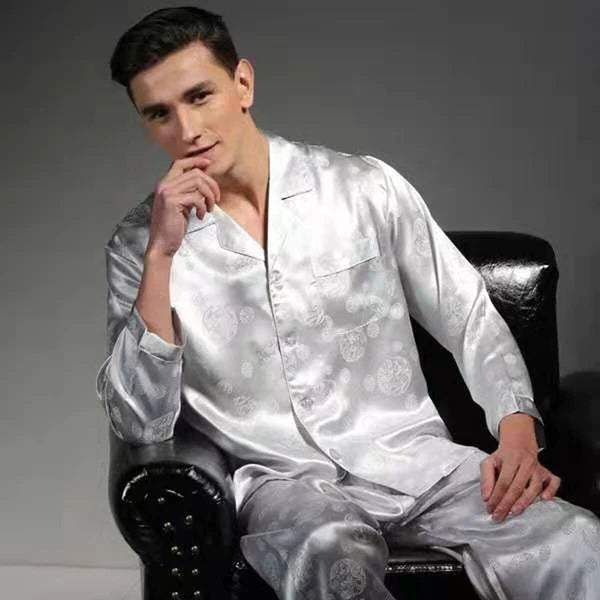 Men's 100% Mulberry Silk Pajamas Set Long Sleeves Silk Sleepwear S M L