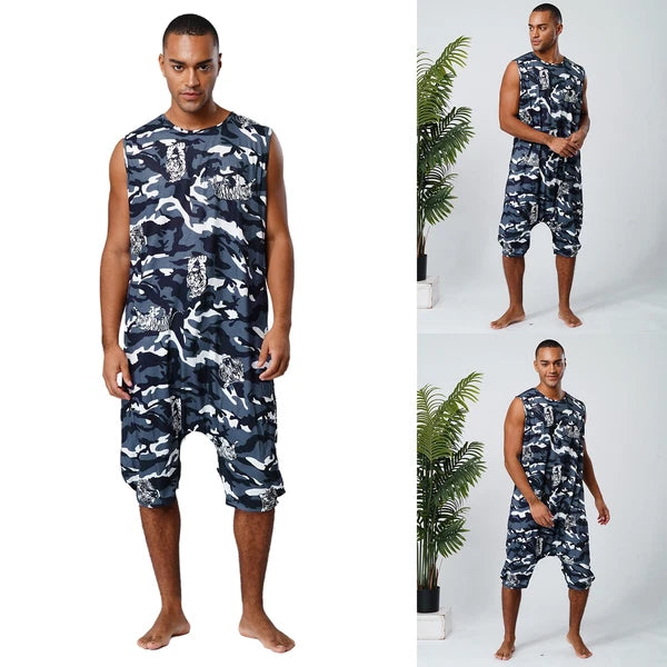 Men's Loose Romper Pajamas Jumpsuit Sleepwear Zipper Crotch One Piece Bodysuit