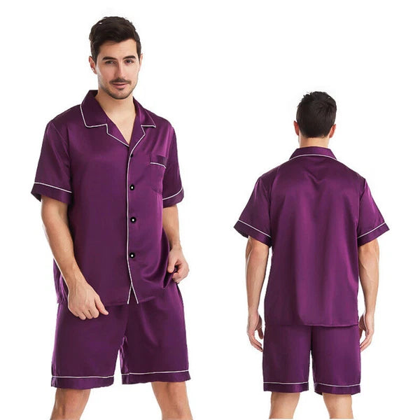 Mens Satin Pajamas Set Short Sleeves Button Down Shirt with Shorts Sleepwear Pjs