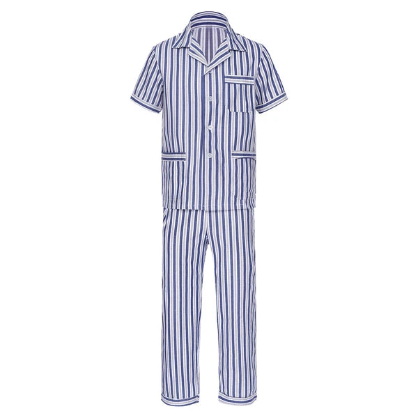 Mens Pajama Set Button Down Sleepwear Shirt Homewear Striped Nightgown Pockets