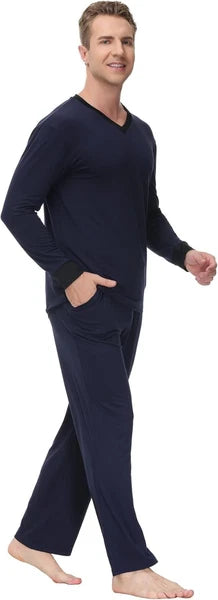 INK+IVY Men Sleepwear Pajama Set Cuffed Long Sleeve V-Neck T-Shirt BLUE