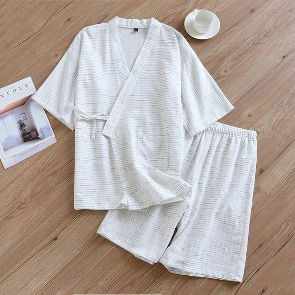 Japanese Pajamas Set Men Cotton Striped / Sleeve Kimono Top Shorts Sleepwear