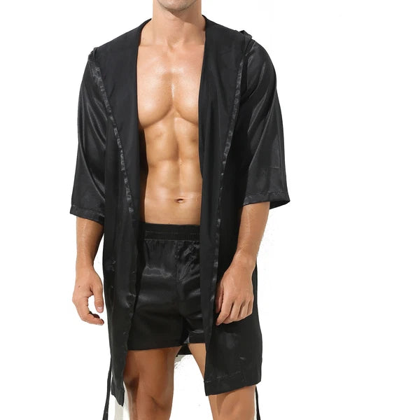 Mens Robes Silky Satin Hooded Bathrobe Luxurious Pyjama Set Nightgowns Sleepwear