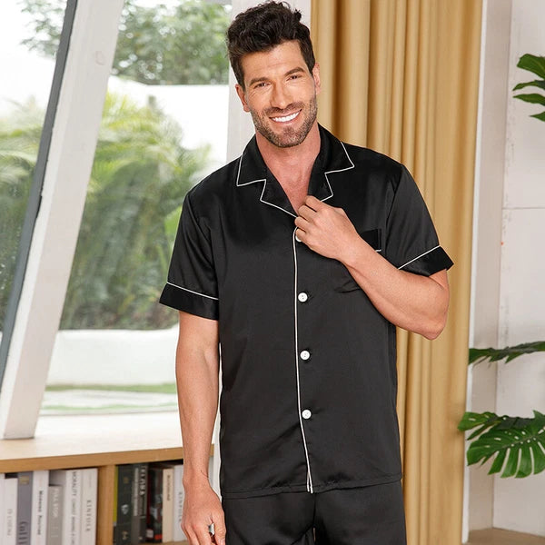 Mens Satin Pajamas Set Short Sleeves Button Down Shirt with Shorts Sleepwear Pjs