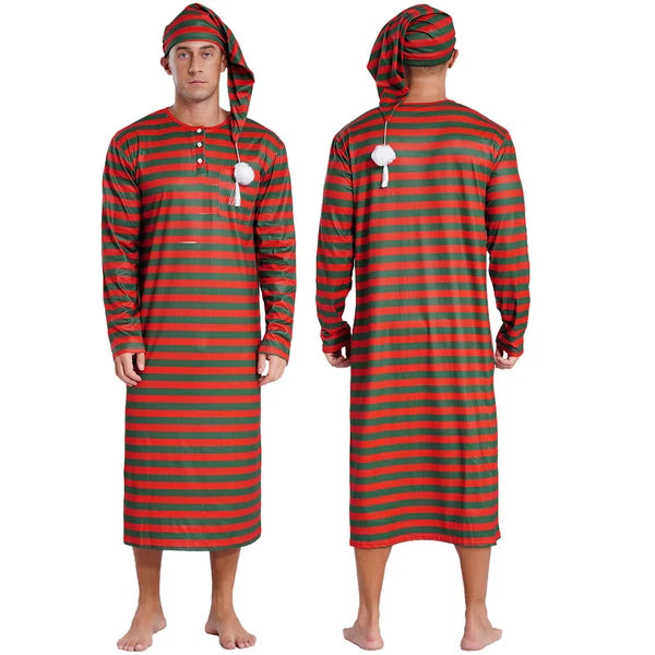 Men's Nightshirt Striped Loose Sleepwear Night Pajama Set Robe with Sleeping Cap