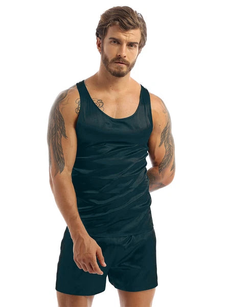 Mens Satin Pajamas Set Lounge Shorts Tank Top Silk Shirt Sleepwear Nightwear