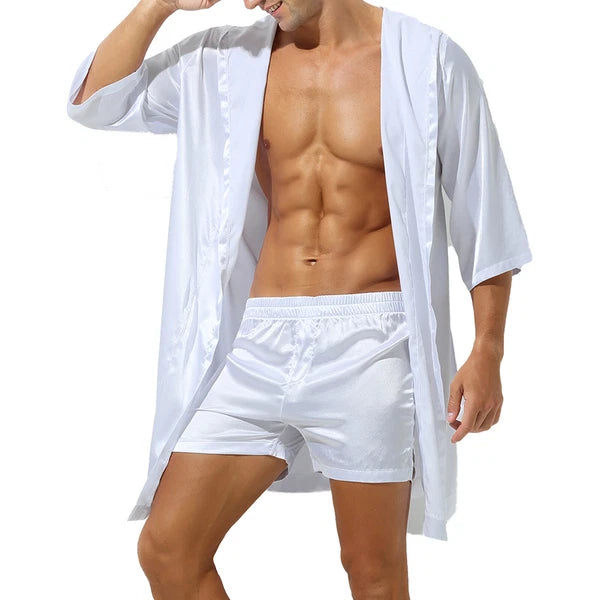 Mens Robes Silky Satin Hooded Bathrobe Luxurious Pyjama Set Nightgowns Sleepwear