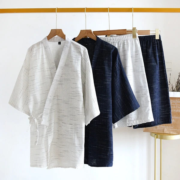 Japanese Pajamas Set Men Cotton Striped / Sleeve Kimono Top Shorts Sleepwear