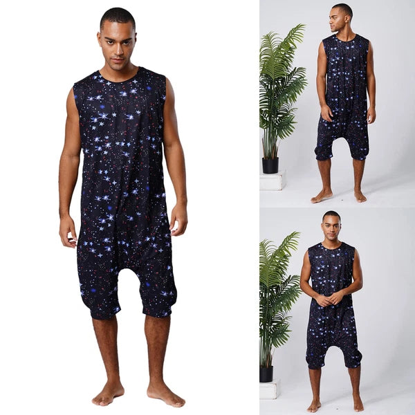 Men's Loose Romper Pajamas Jumpsuit Sleepwear Zipper Crotch One Piece Bodysuit