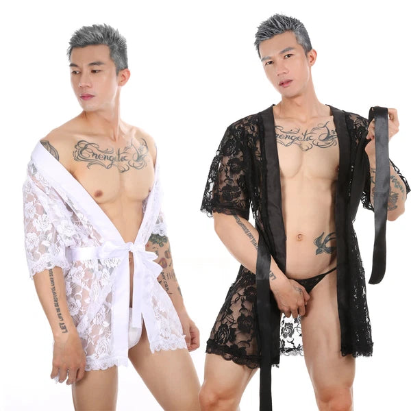 Men Lace Robe Gown Bathrobe Sissy Nightwear See Through Underwear Pajamas