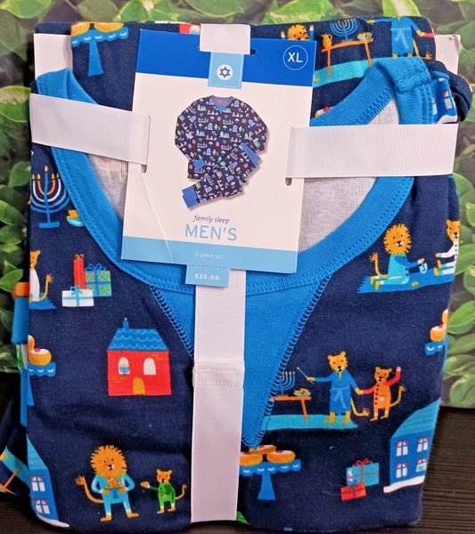 Hanukkah Menorah Men’s XL Blue  Pajama Set Dreidel Lion Jewish 100% Cotton NWT