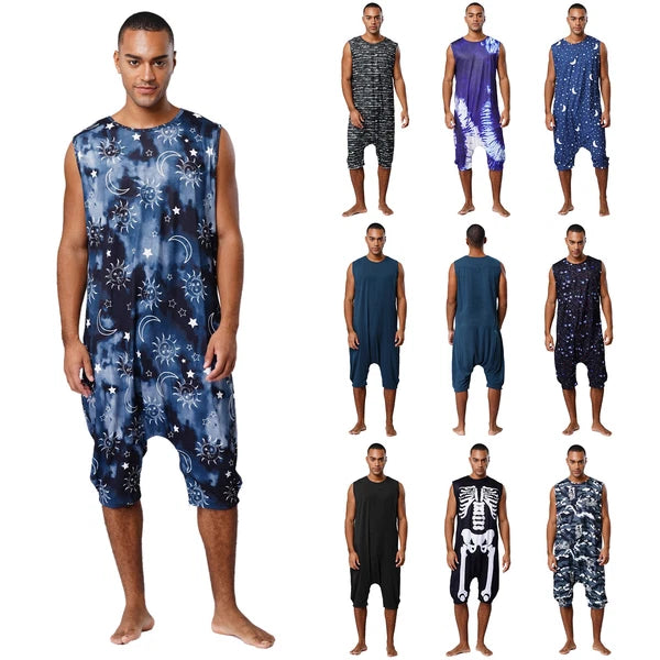 Men's Loose Romper Pajamas Jumpsuit Sleepwear Zipper Crotch One Piece Bodysuit